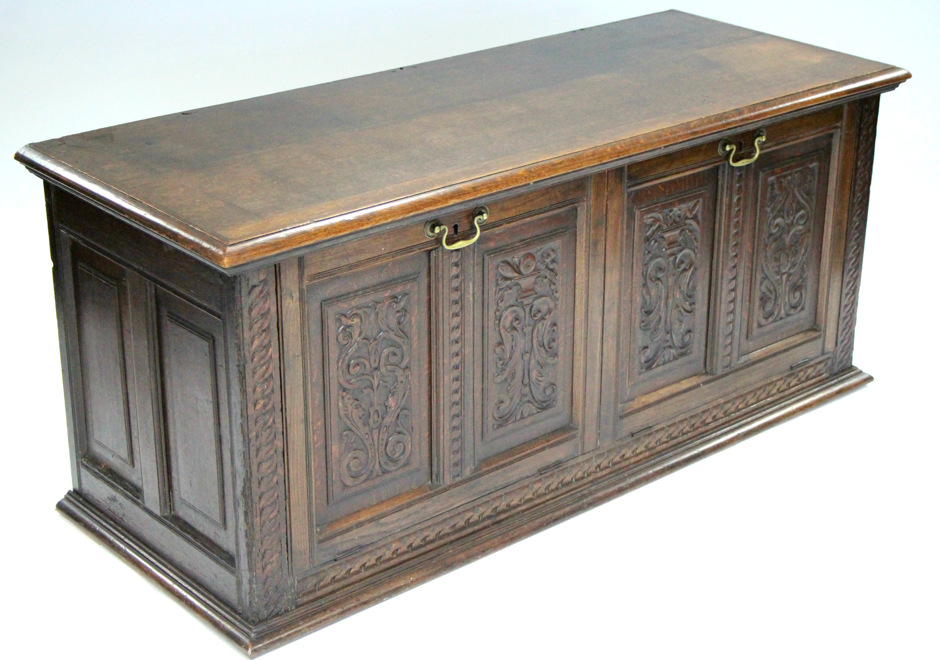 A late 17th century style converted mule chest, the four-panel front carved with mythical beasts, - Image 3 of 4