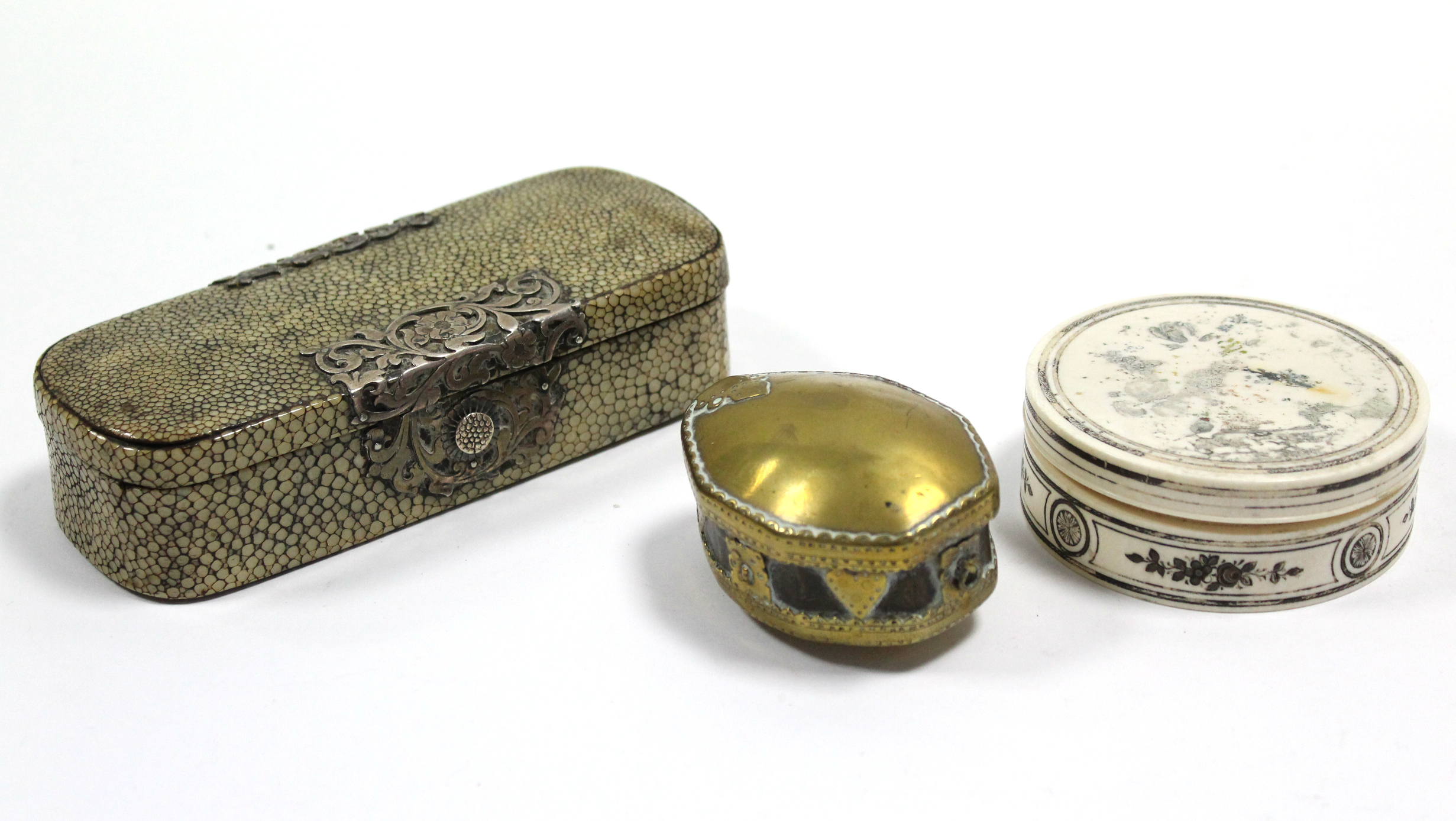 An 18th century Shagreen rectangular box with rounded ends, pierced & engraved strapwork to the