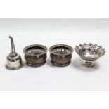A Sheffield wine funnel with gadrooned rim; a pair of 4¼” diam. wine coasters; & a circular