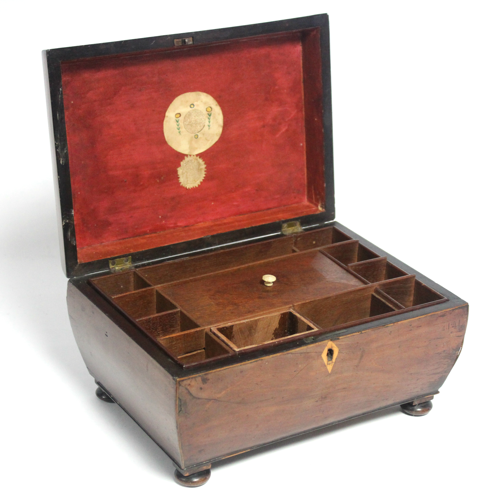 An early 19th century figured mahogany & satinwood crossbanded rectangular work box with fitted