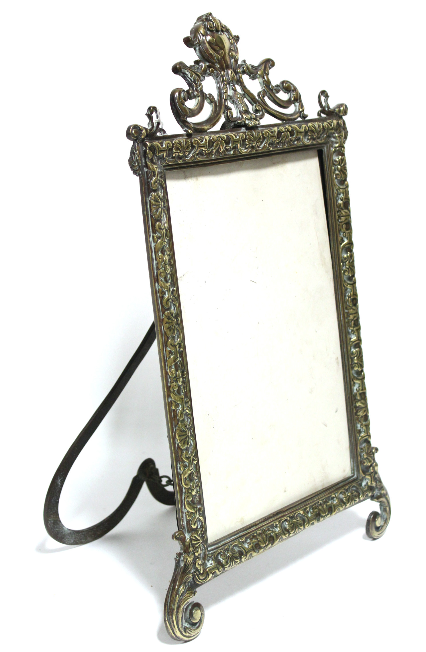 A 19th century rectangular cast brass picture frame with foliate border & pierced crest, on easel - Image 2 of 5