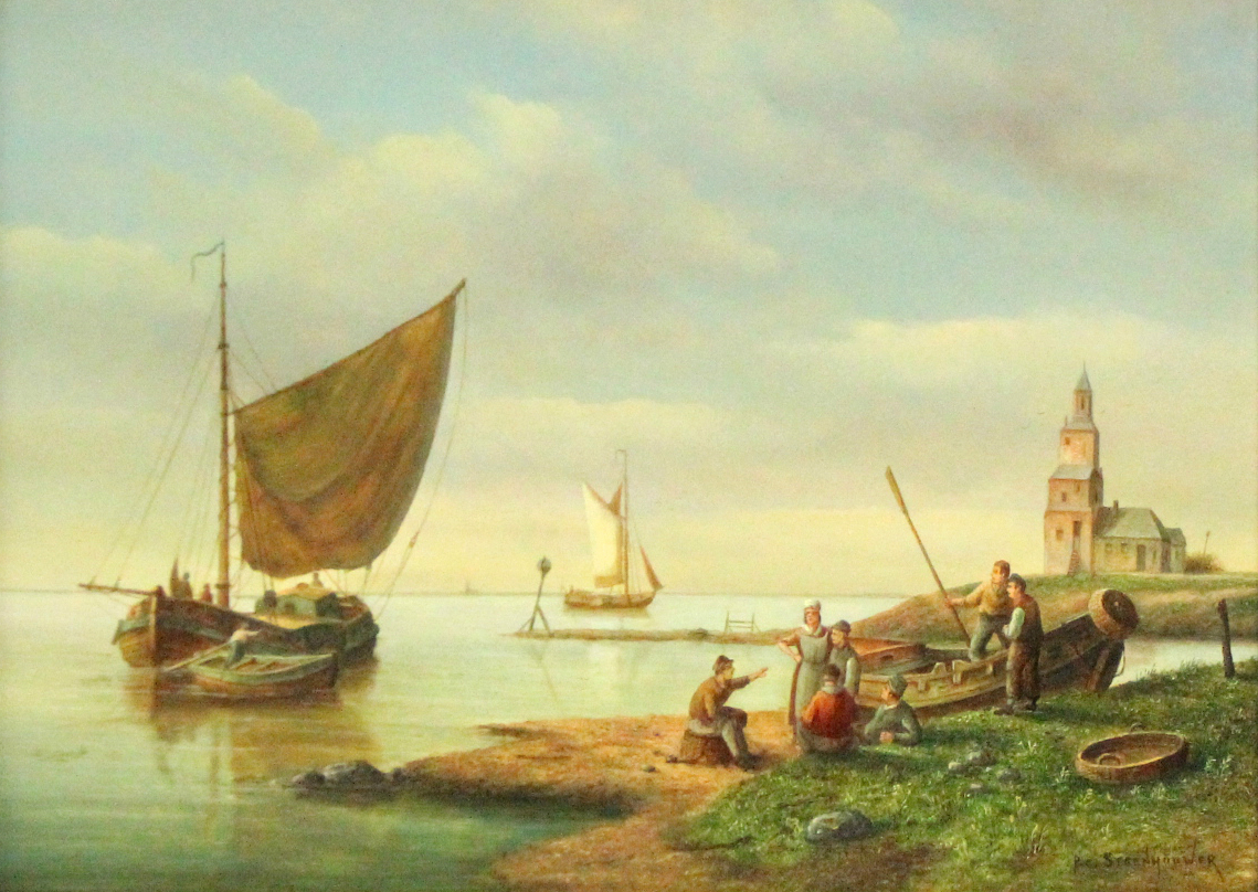 STEENHOUER, P.C. A pair of Dutch coastal scenes with figures & sailing vessels. Signed; oil on