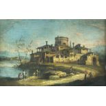 GUARDI, Francesco (1712-1793, attributed to). A lake-side monastery with figures to the fore. Oil on