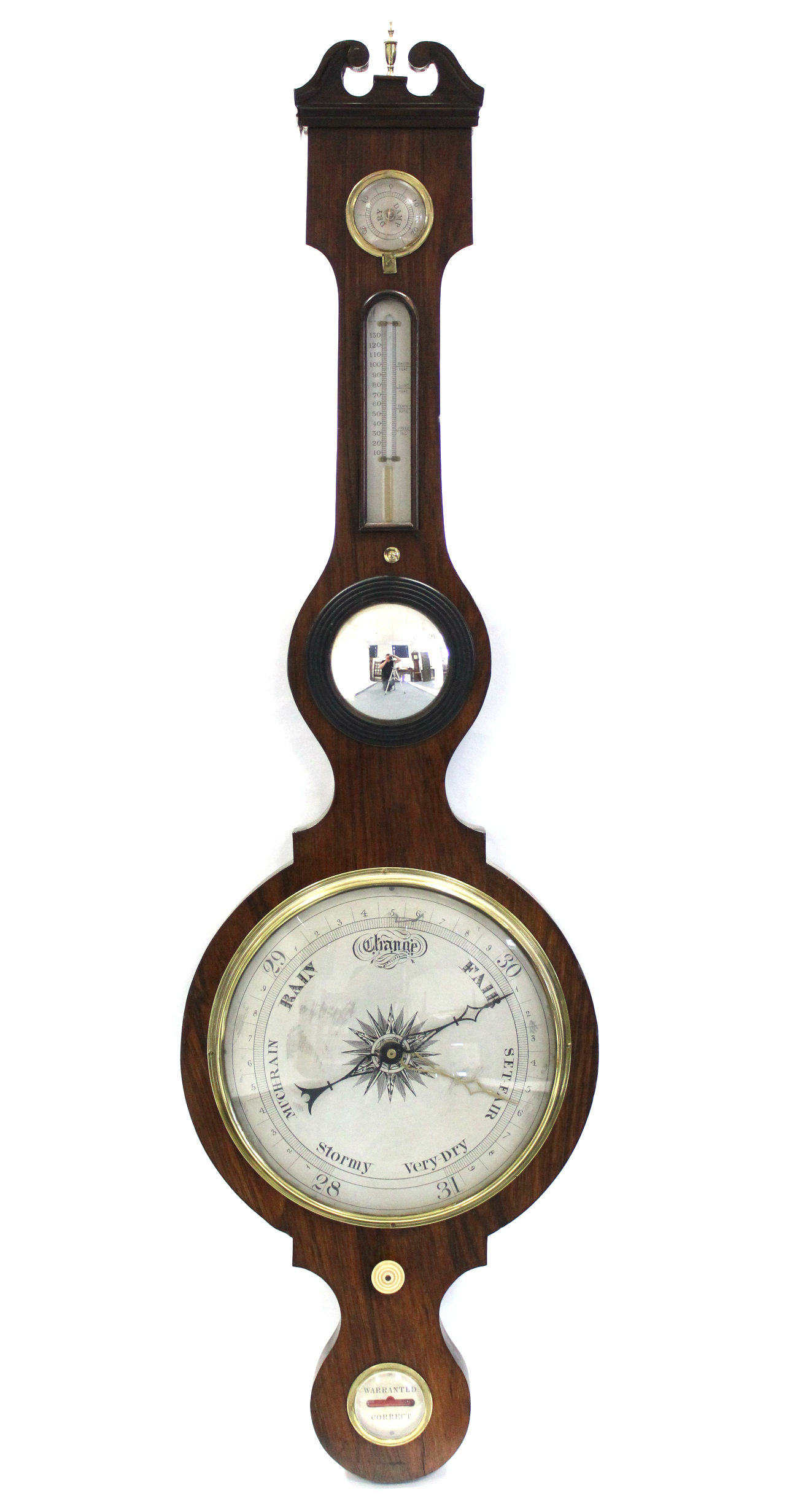 An early 19th century rosewood banjo barometer with swan-neck pediment, inset hygrometer,