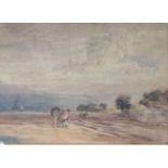 COX, David (1783-1859). An estuary scene with figures carrying paniers, a horse cart, other figures,