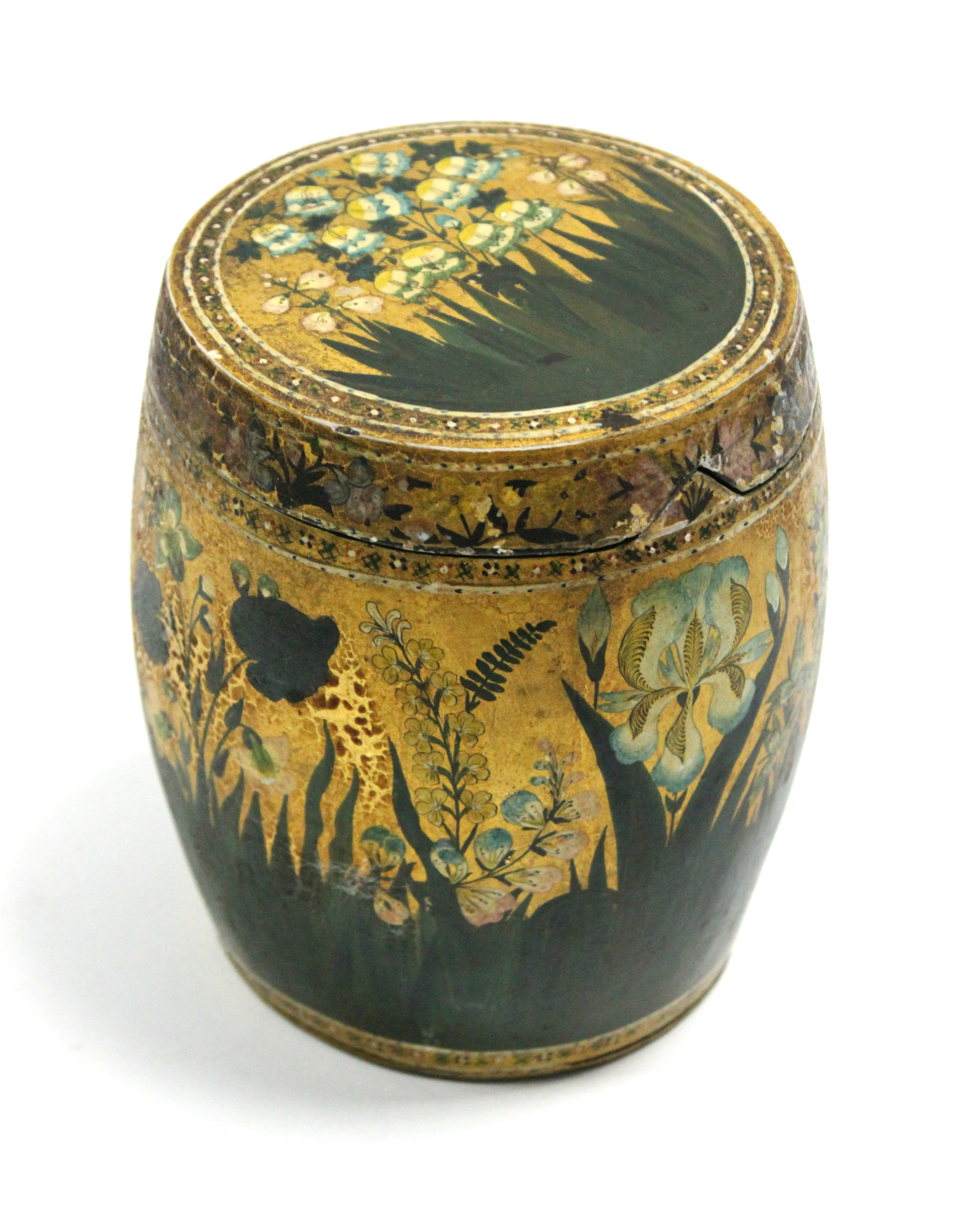 An Oriental green & gilt decorated papier maché barrel-shaped box with removable lid, painted with