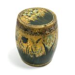 An Oriental green & gilt decorated papier maché barrel-shaped box with removable lid, painted with