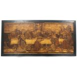A late 19th century parquetry & poker-work panel depicting the last supper; 23” x 53”.