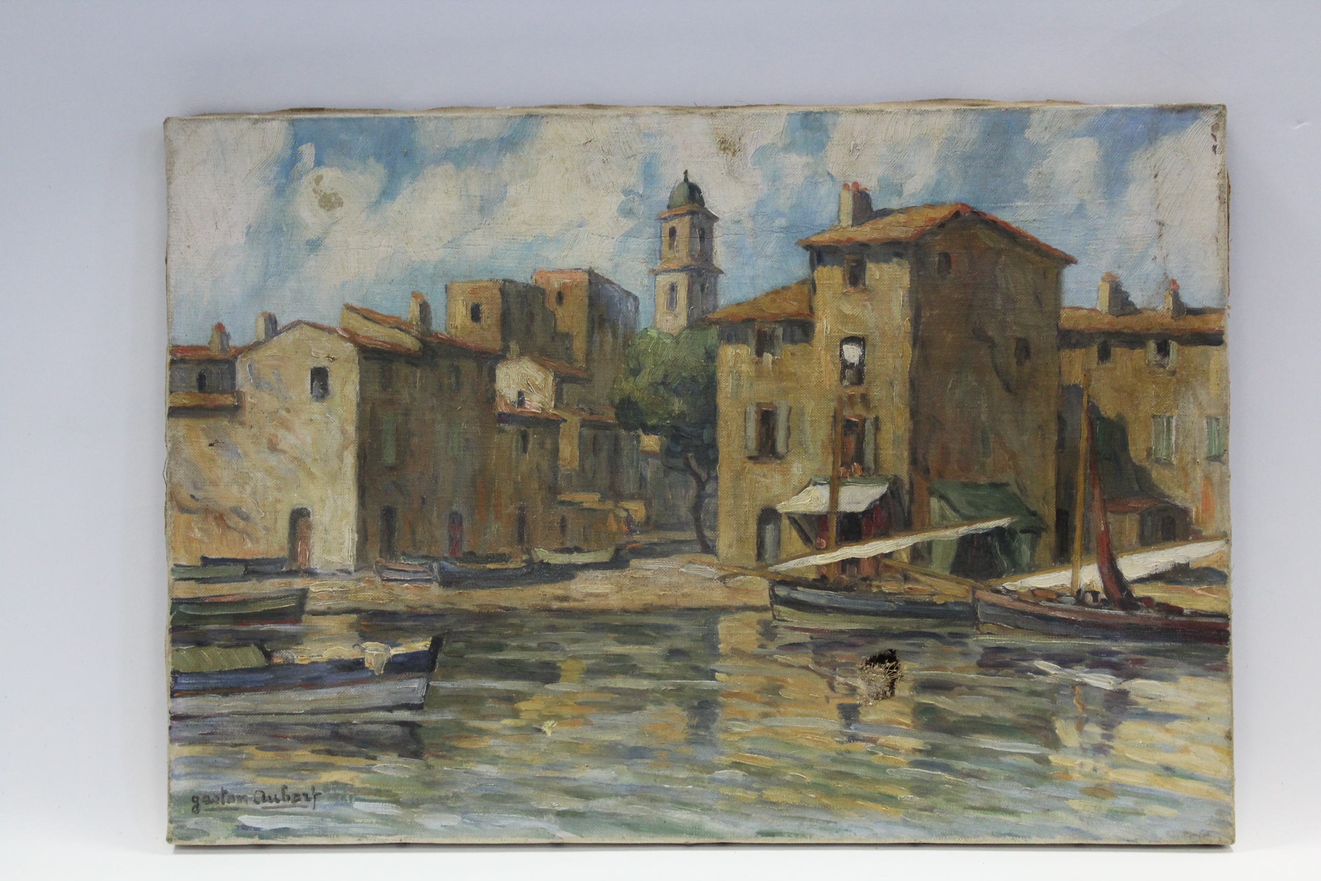 SAUNDERS, Charles L. (late 19th century). A fishing village with fisherman in small boats, 18½” x - Image 3 of 4