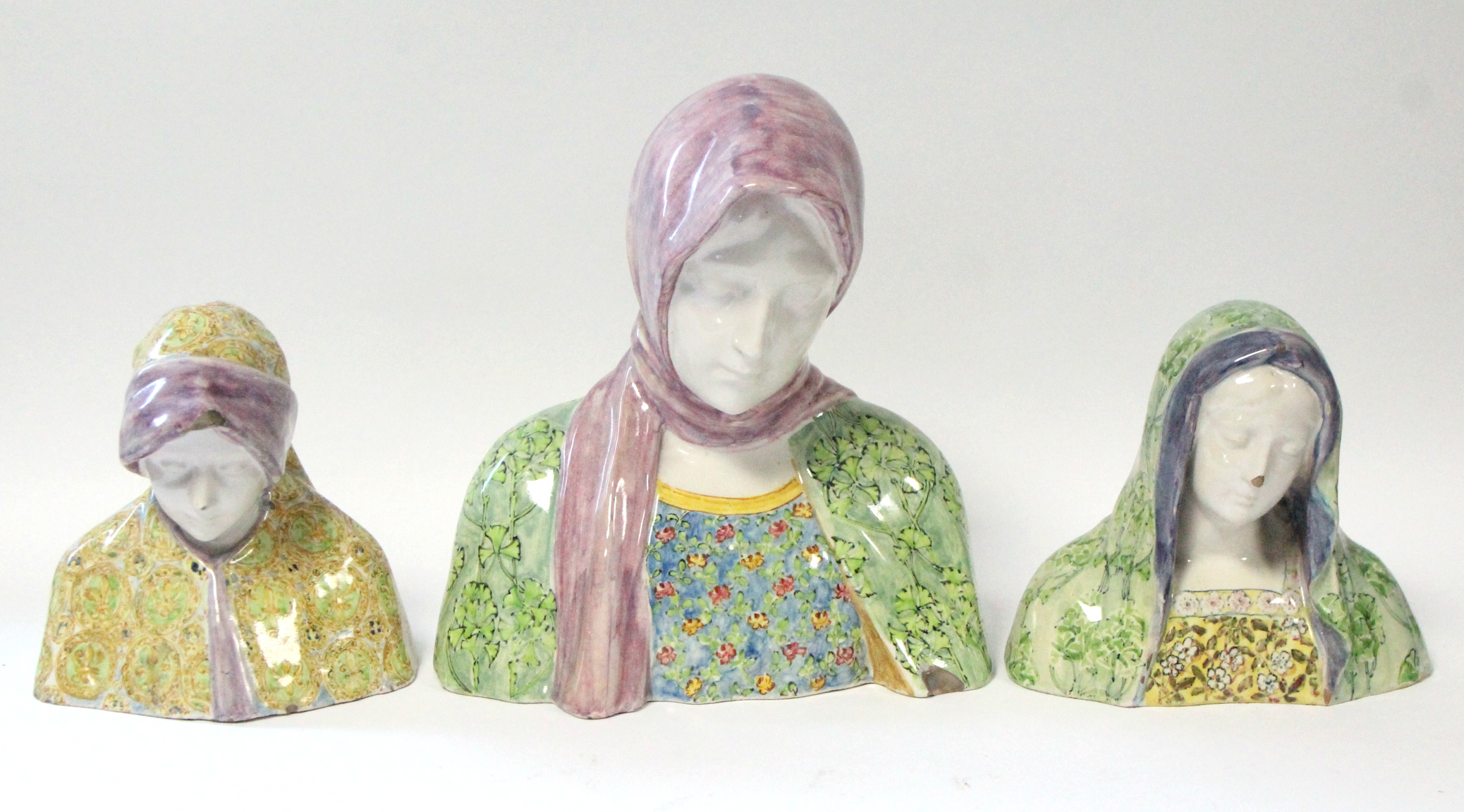 An Italian polychrome faience bust of the Madonna by Angelo Minghetti, 8” high; & two smaller busts, - Image 2 of 6