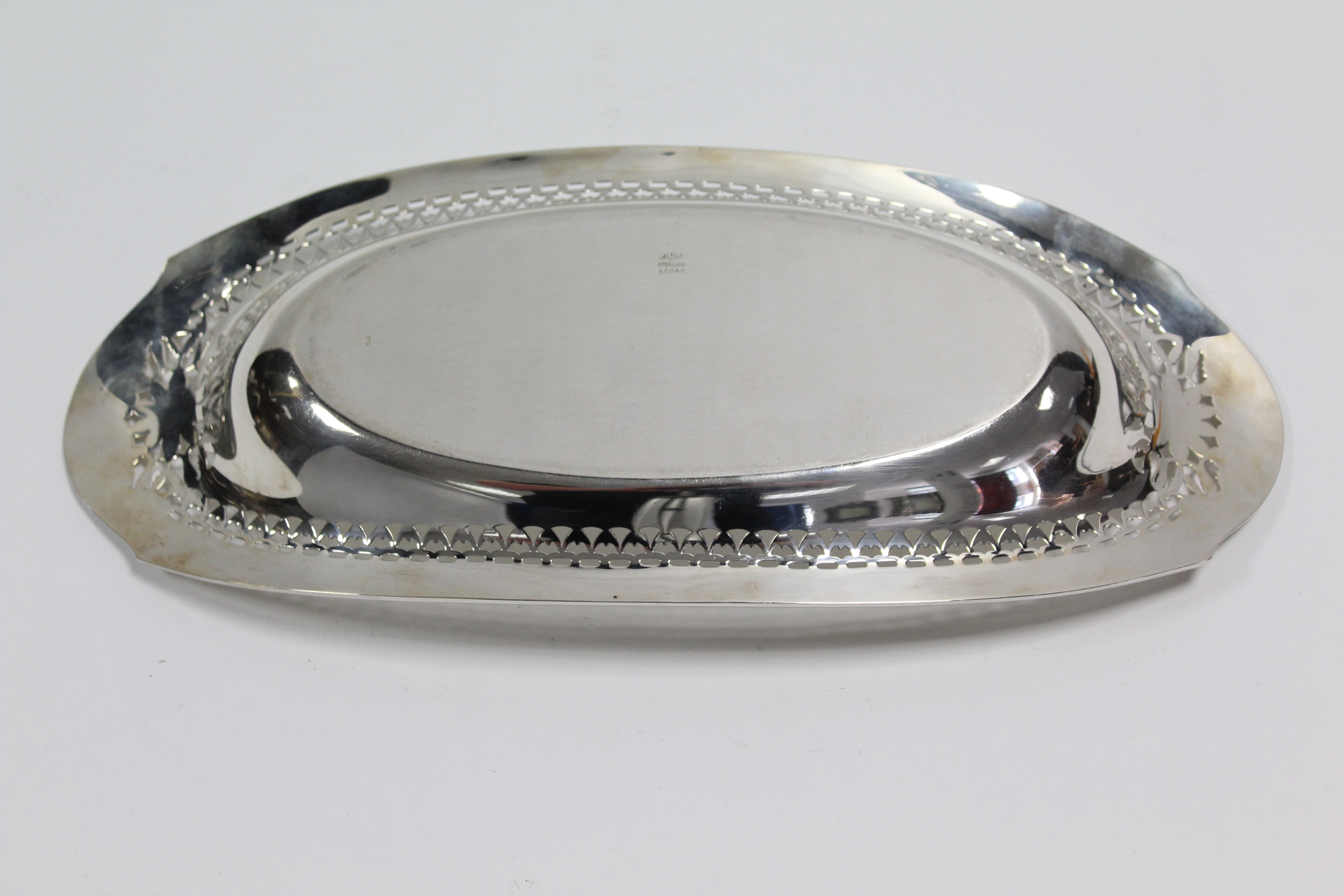 A Sterling oval shallow dish with moulded rim & pierced border; 14” x 6”. (11 oz). - Image 2 of 2