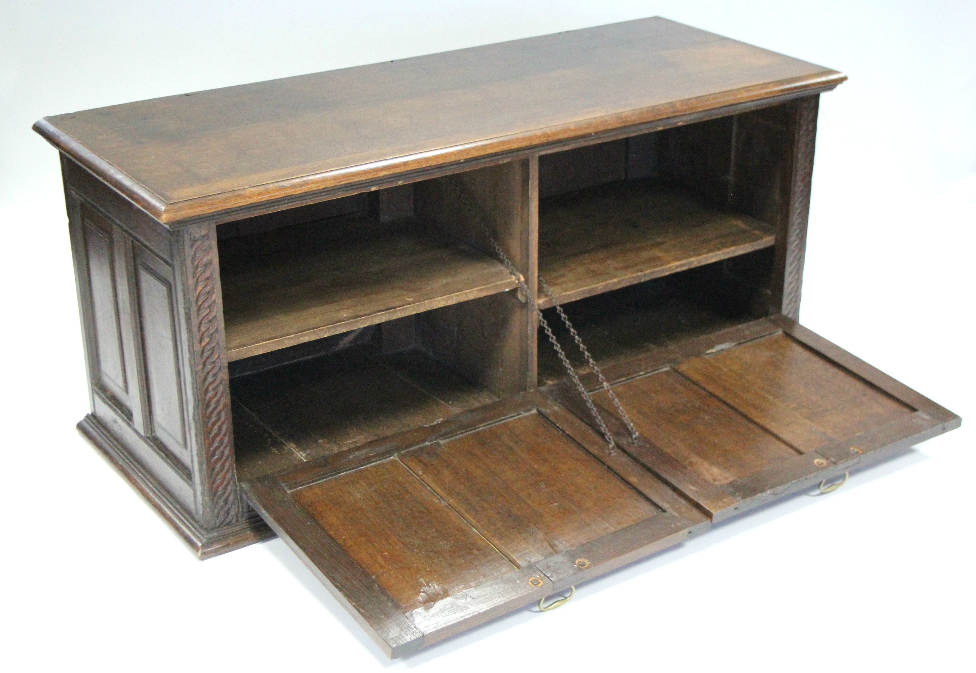 A late 17th century style converted mule chest, the four-panel front carved with mythical beasts, - Image 2 of 4