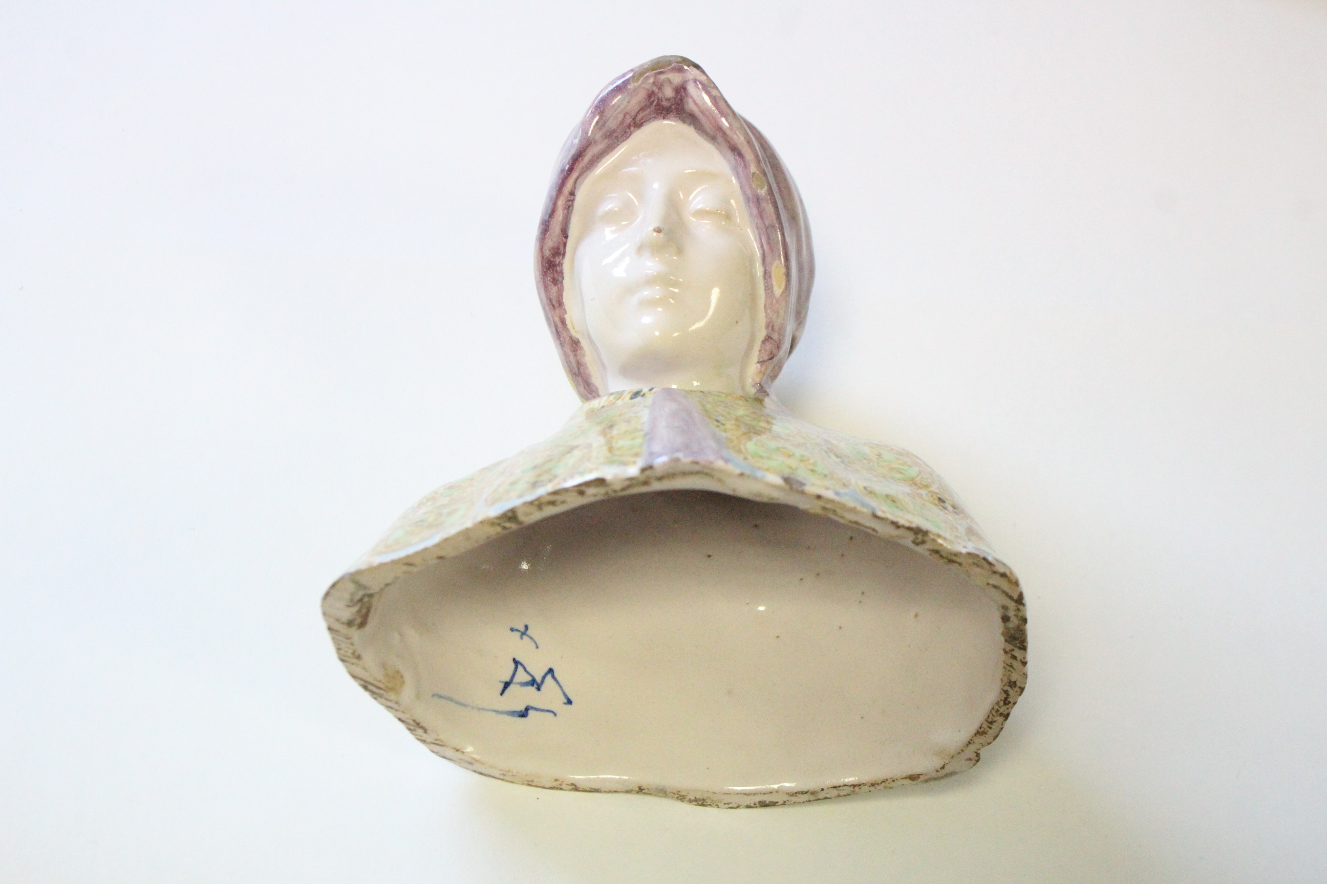 An Italian polychrome faience bust of the Madonna by Angelo Minghetti, 8” high; & two smaller busts, - Image 5 of 6