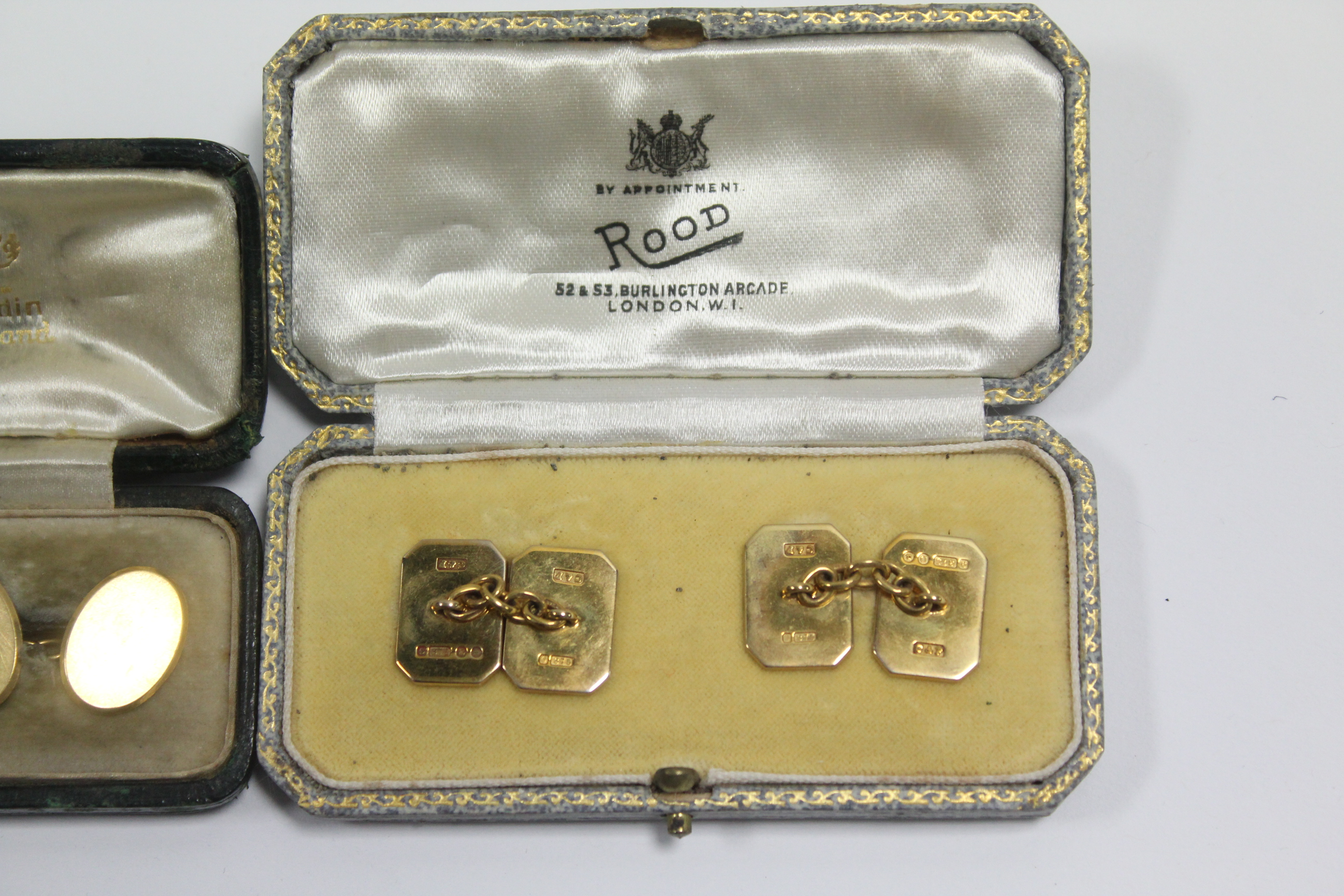 A pair of 9ct. gold cuff-links, the oblong panels with canted corners, London 1939 (12gm); a - Image 2 of 4