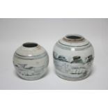 Two Chinese provincial blue & white ginger jars (lacking covers), decorated with river landscapes;