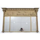 A regency giltwood triple-panel overmantel mirror, the frieze with classical figure scene, inset