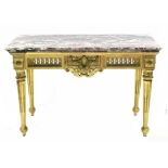 A LOUIS XVI-STYLE CARVED GILTWOOD SIDE TABLE with violet breccia marble top, having pierced frieze &