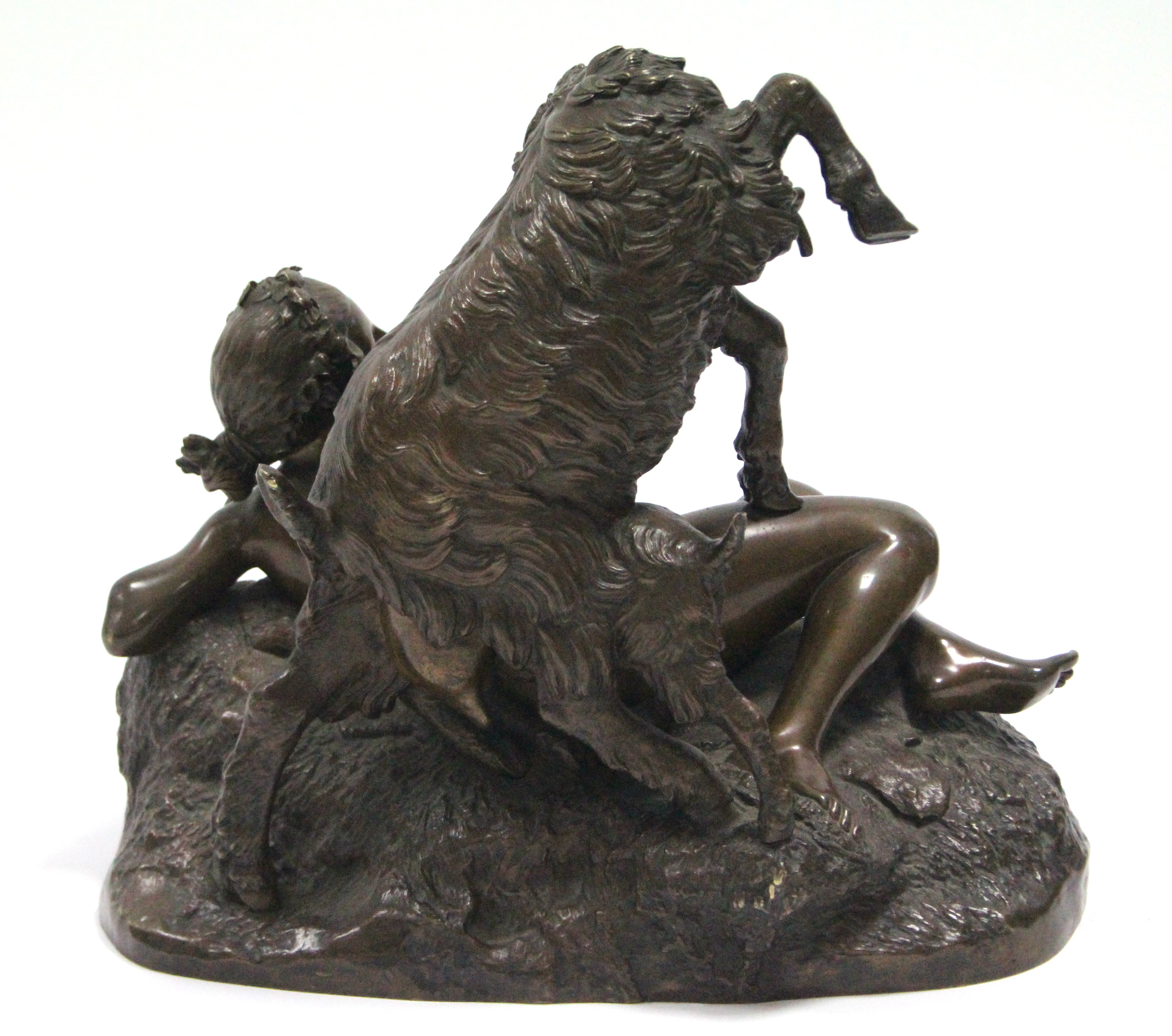 GAREAUD, J. A bronze group of a nude female figure reclining on an animal skin, a goat & kid - Image 4 of 4