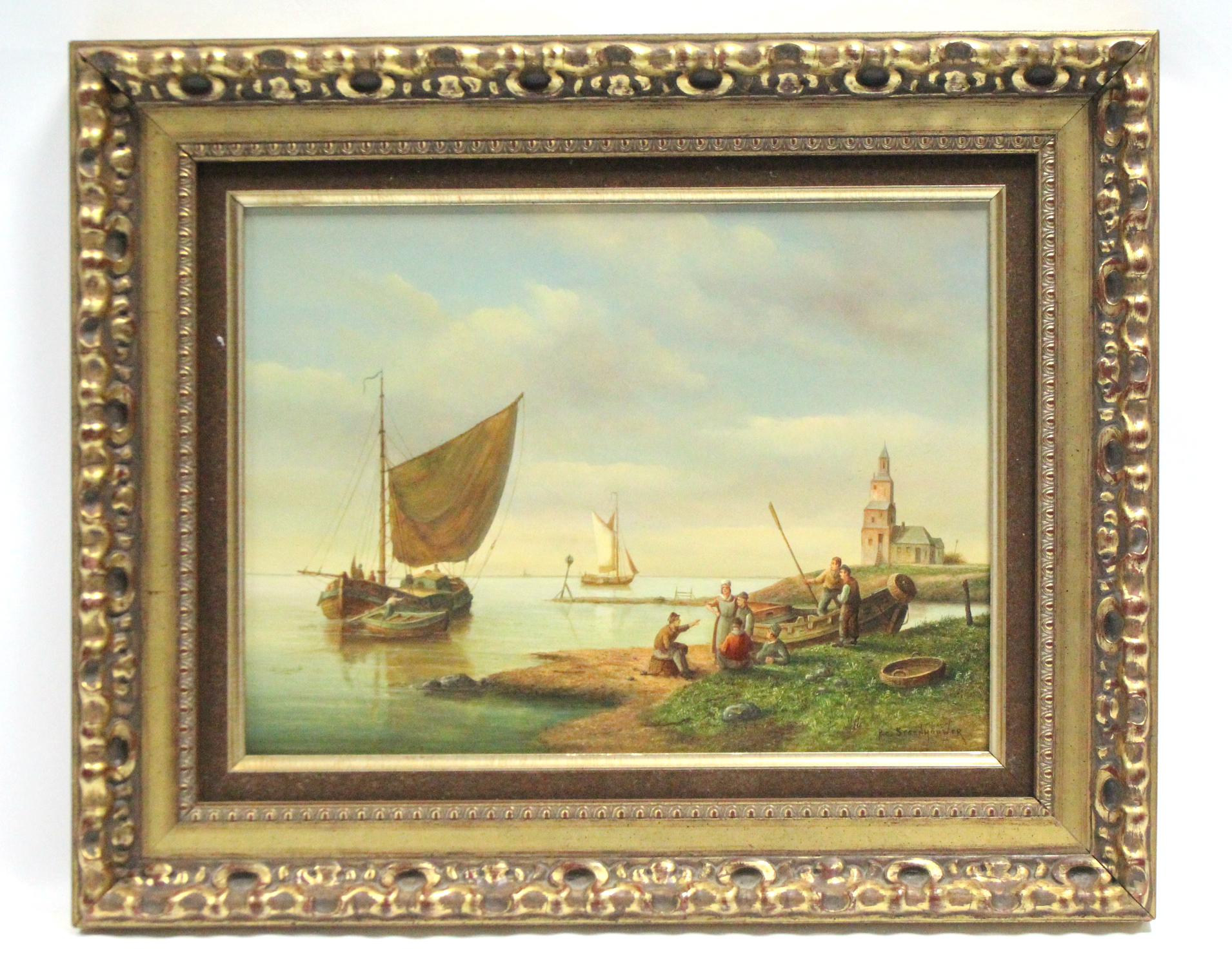 STEENHOUER, P.C. A pair of Dutch coastal scenes with figures & sailing vessels. Signed; oil on - Image 3 of 8