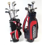 Various golf clubs & two golf club bags.