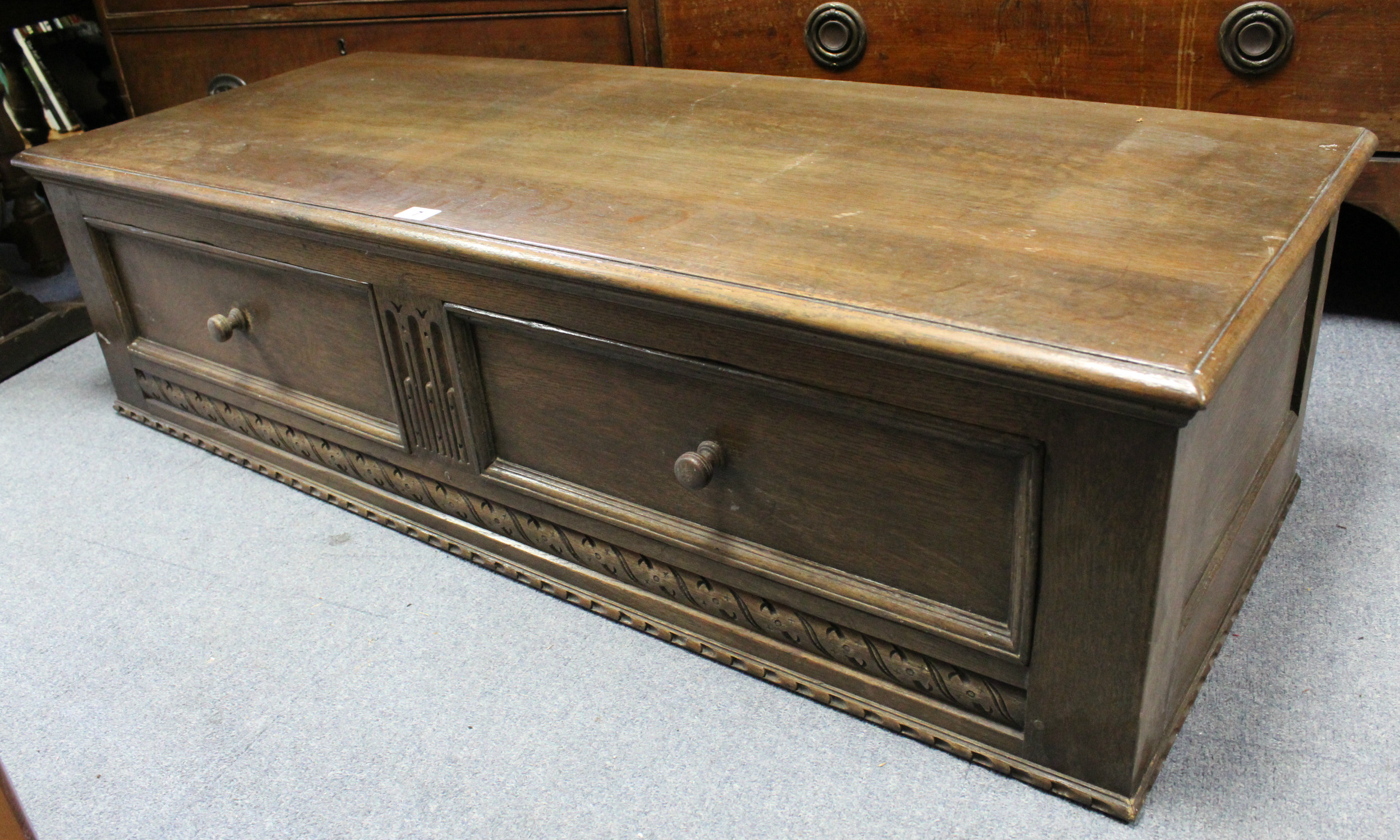 A bentwood elbow café chair with circular seat, & on shaped legs; & an oak low chest fitted two - Image 2 of 2