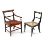 A late regency ebonised & brass-mounted cane-seat occasional chair, the bow-back with turned