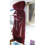 Two pairs of crimson velour lined & interlined curtains, 84” drop x 84” wide & 65” drop x 148”