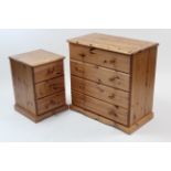 Another pine small chest fitted four long drawers with turned knob handles, & on shaped plinth