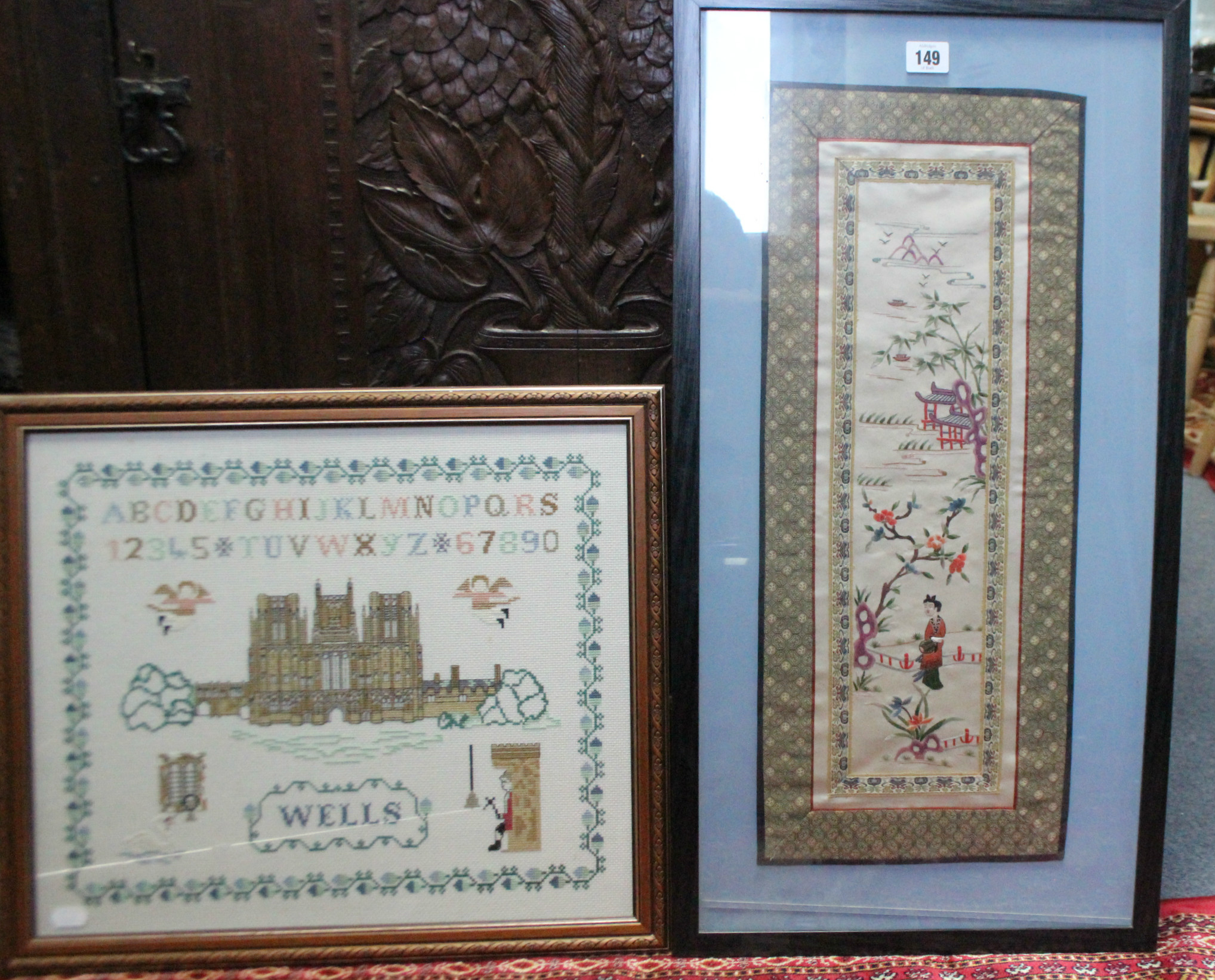 A Chinese silk embroidered panel, 23” x 9”; a modern sampler; a set of four coloured hunting prints;