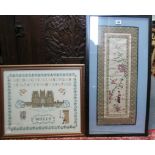 A Chinese silk embroidered panel, 23” x 9”; a modern sampler; a set of four coloured hunting prints;