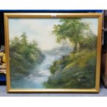 A modern oil painting on canvas of a woodland scene with waterfall to centre. Signed R Danford, 19½”