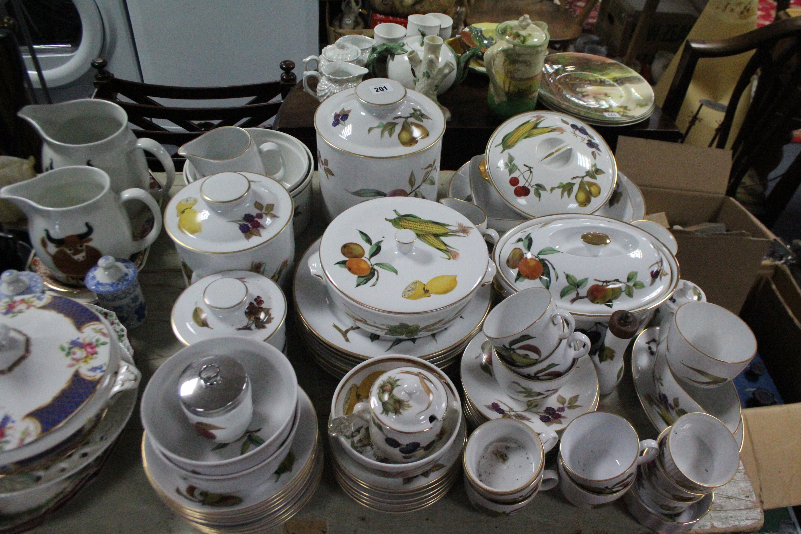 Fifty eight items of Royal Worcester “Evesham” pattern oven-to-tableware dinner, tea & kitchenware.