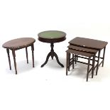 A Remploy nest of three rectangular occasional tables; a drum-top occasional table; & an oak oval