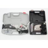 A Performance Power 600W reciprocating saw; & a Power base Excel electric sander, each with case,