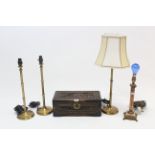 A Chinese carved camphor wood small trunk, 14¾” wide; & four modern table lamps.