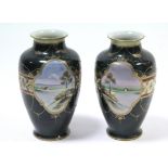 A pair of Noritake porcelain vases of ovoid form, & with painted river landscape decoration, 12”
