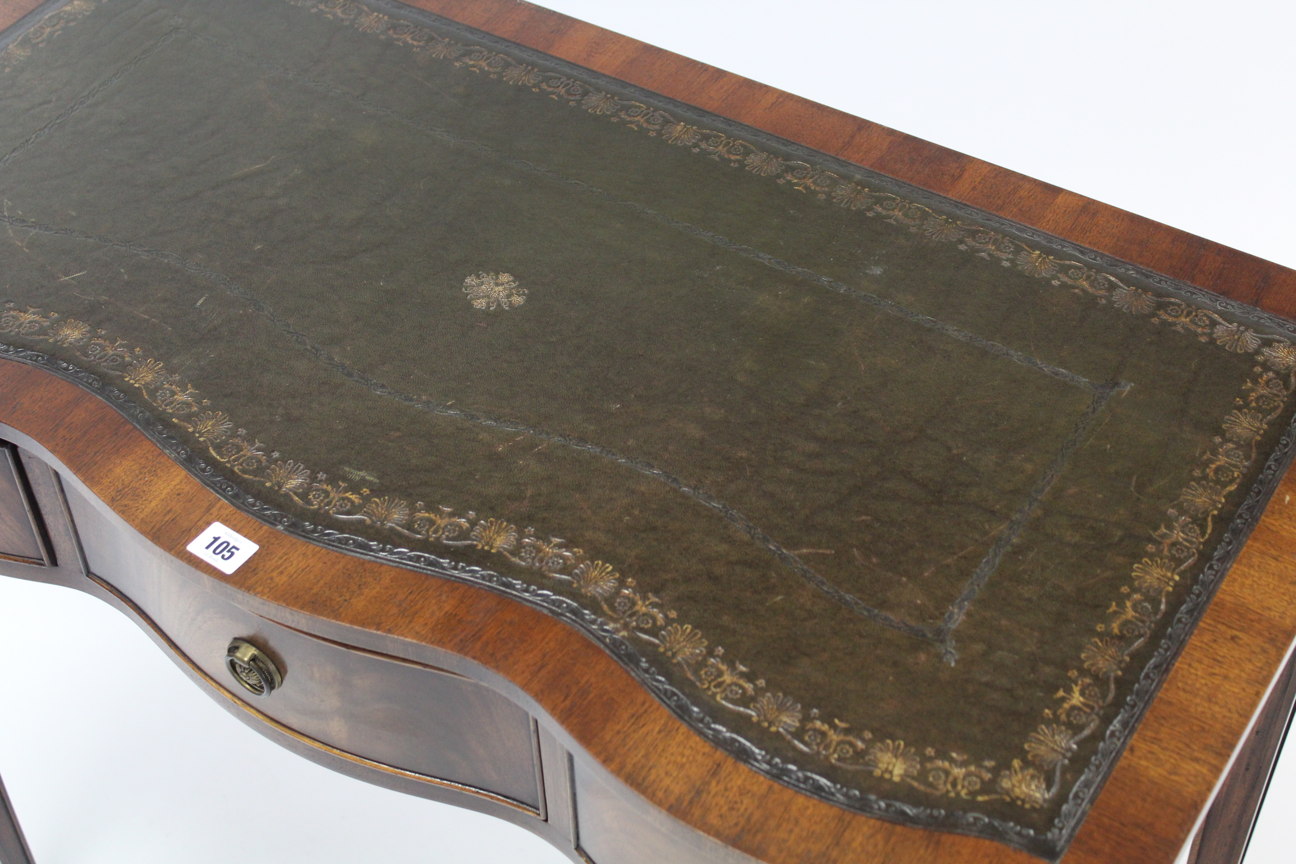 A reproduction mahogany serpentine-front writing table inset gilt-tooled green leather cloth, fitted - Image 2 of 2