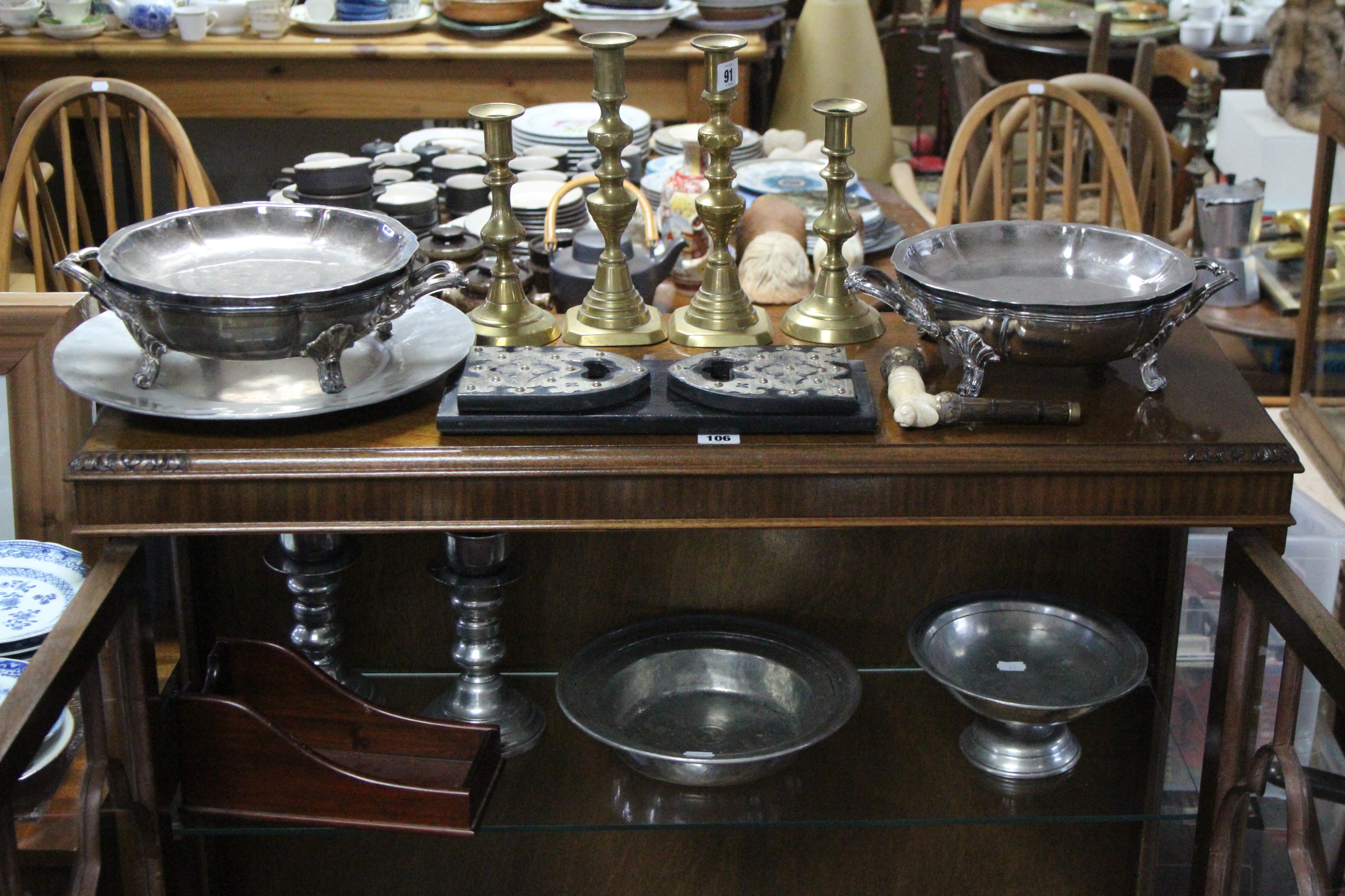 Two pairs of brass candlesticks; together with various other items of metalware, etc.