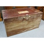 A late 19th/early 20th century camphor wood trunk with hinged lift-lid, & with wrought-iron side