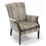 A Parker Knoll small mahogany-frame easy chair upholstered multi-coloured geometric velour, & on