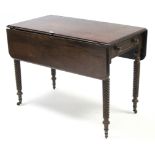 A 19th century mahogany Pembroke table fitted end drawer, & on spiral-twist legs with steel castors,