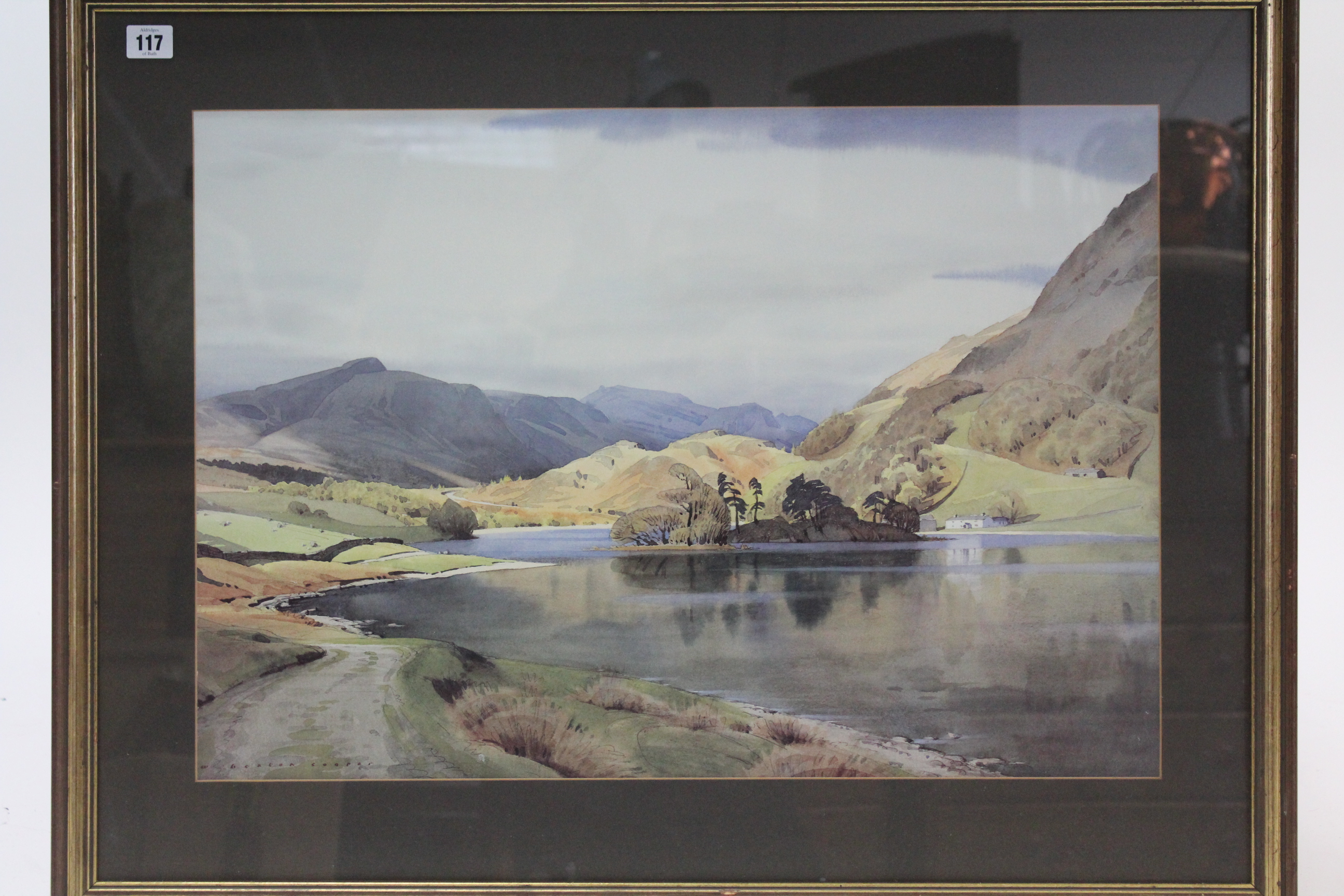 A large print after W Heaton Cooper titled to reverse “Rydal Water”, signed, 17¾” x