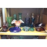 Various items of coloured & plain glassware; & two decorative pictures.