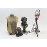 A copper spirit kettle on wrought-iron stand; together with two busts; & a dressmaker’s model.