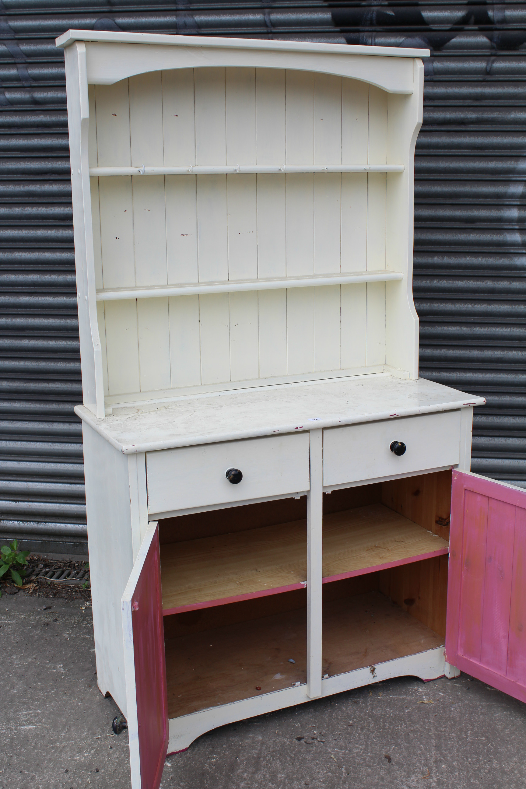 A white painted pine small dresser, the upper part fitted two open shelves & with panelled back, the - Image 2 of 2