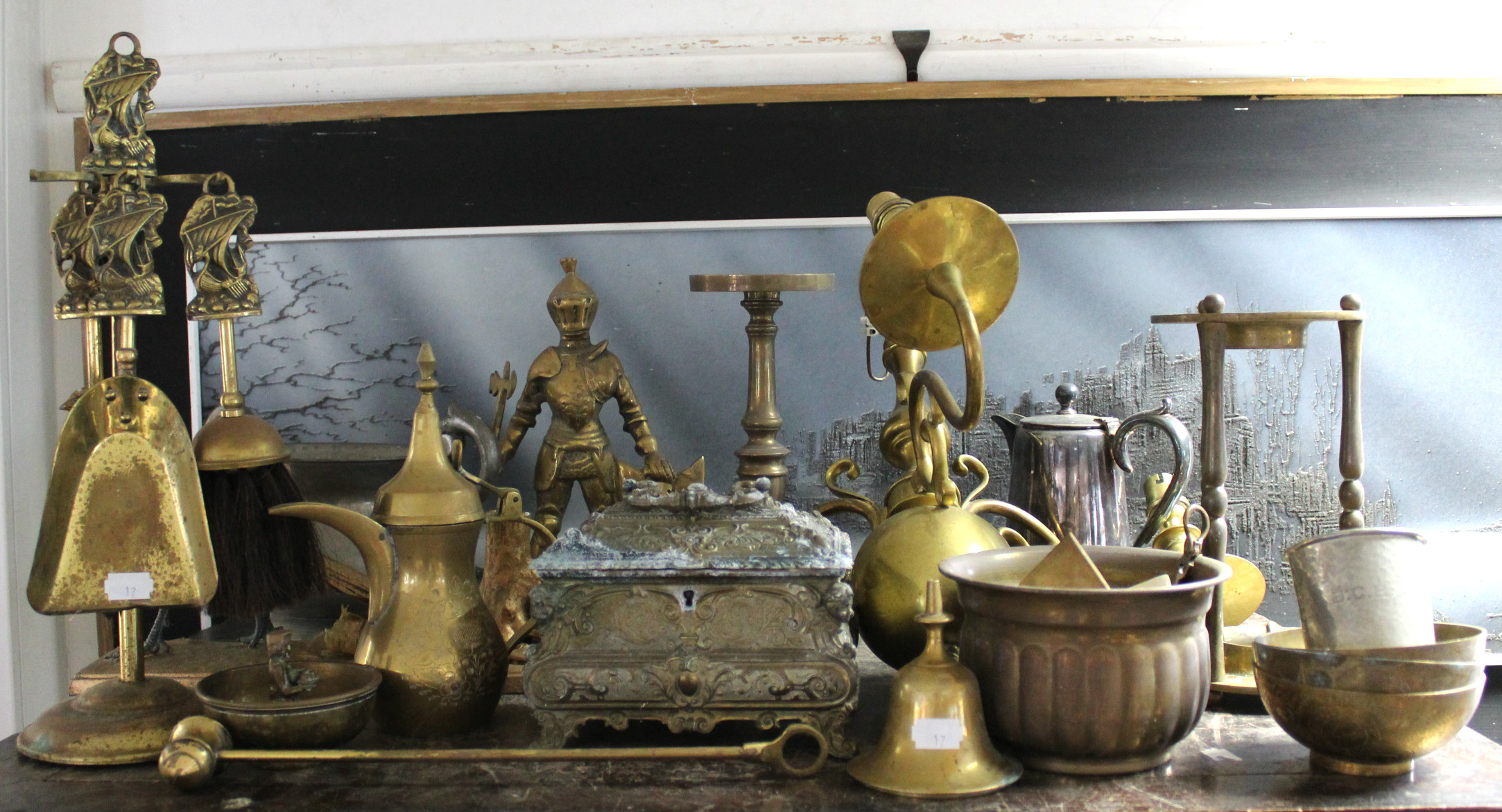 A brass model of a steam engine; various light fittings, etc.