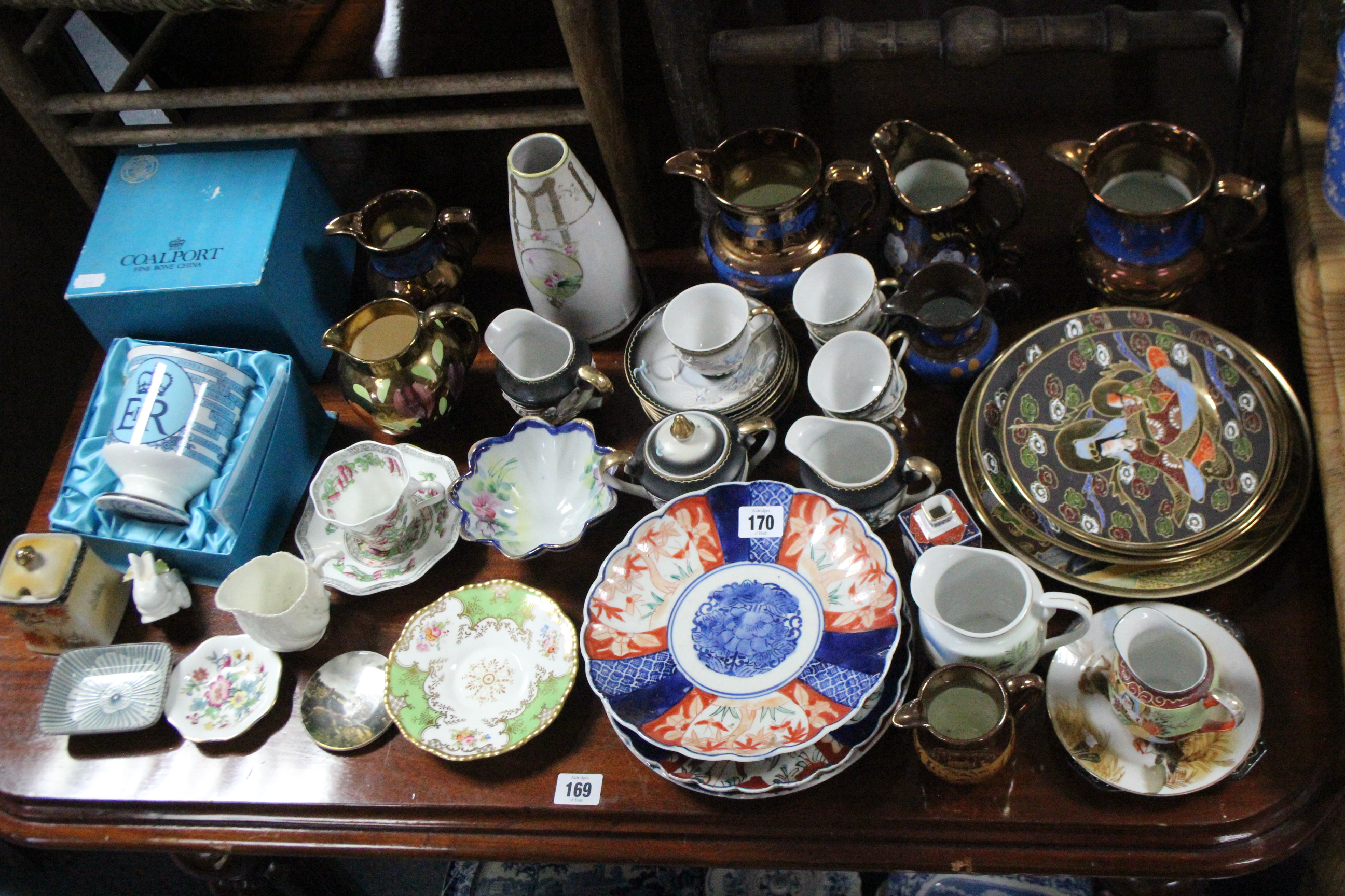 Seven various late 19th century copper lusterware jugs; various Coalport blue china ornaments;