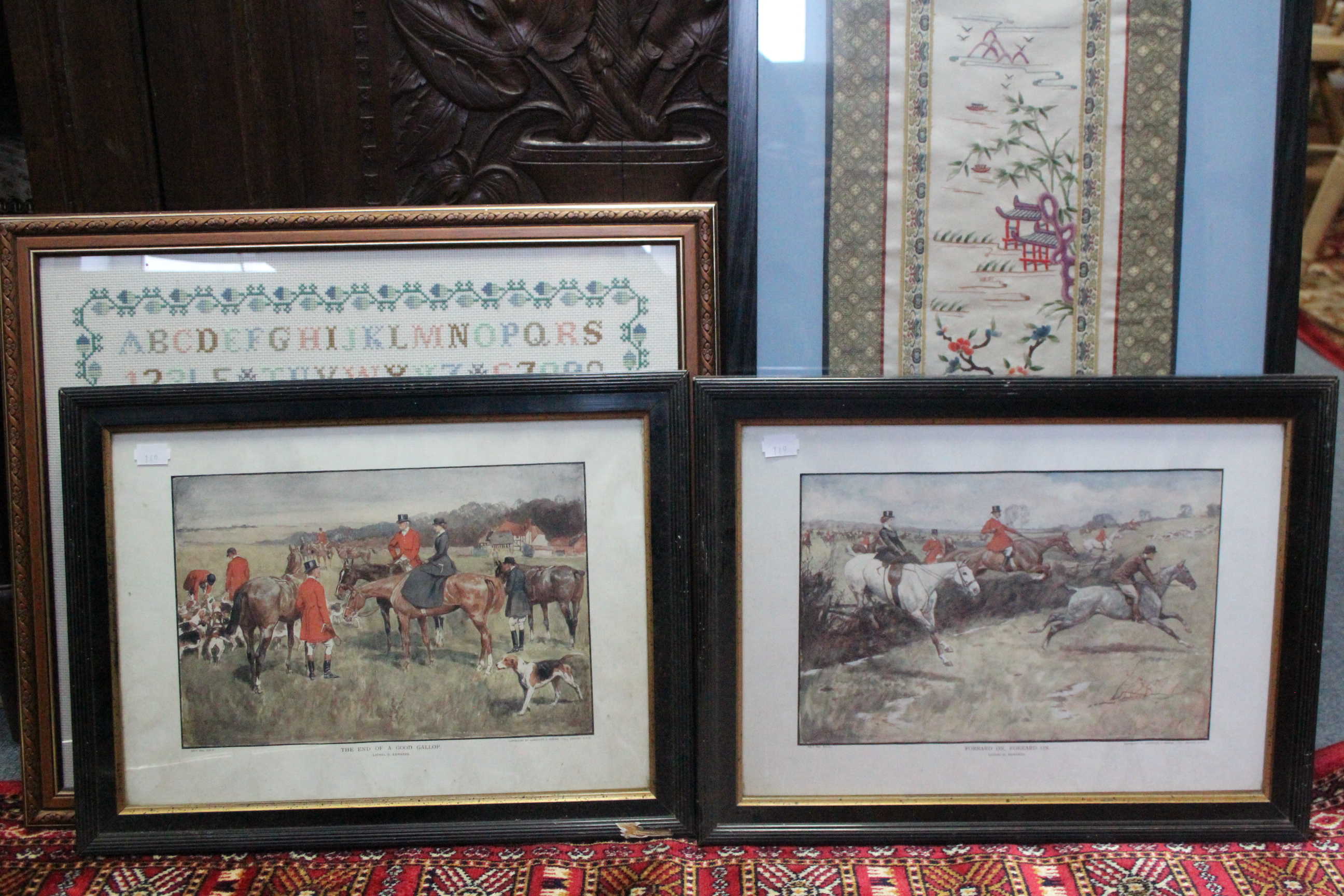 A Chinese silk embroidered panel, 23” x 9”; a modern sampler; a set of four coloured hunting prints; - Image 2 of 4