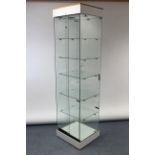 Two tall glazed shop display cabinets, each fitted four plate-glass shelves, 75½”, & 67½” high.