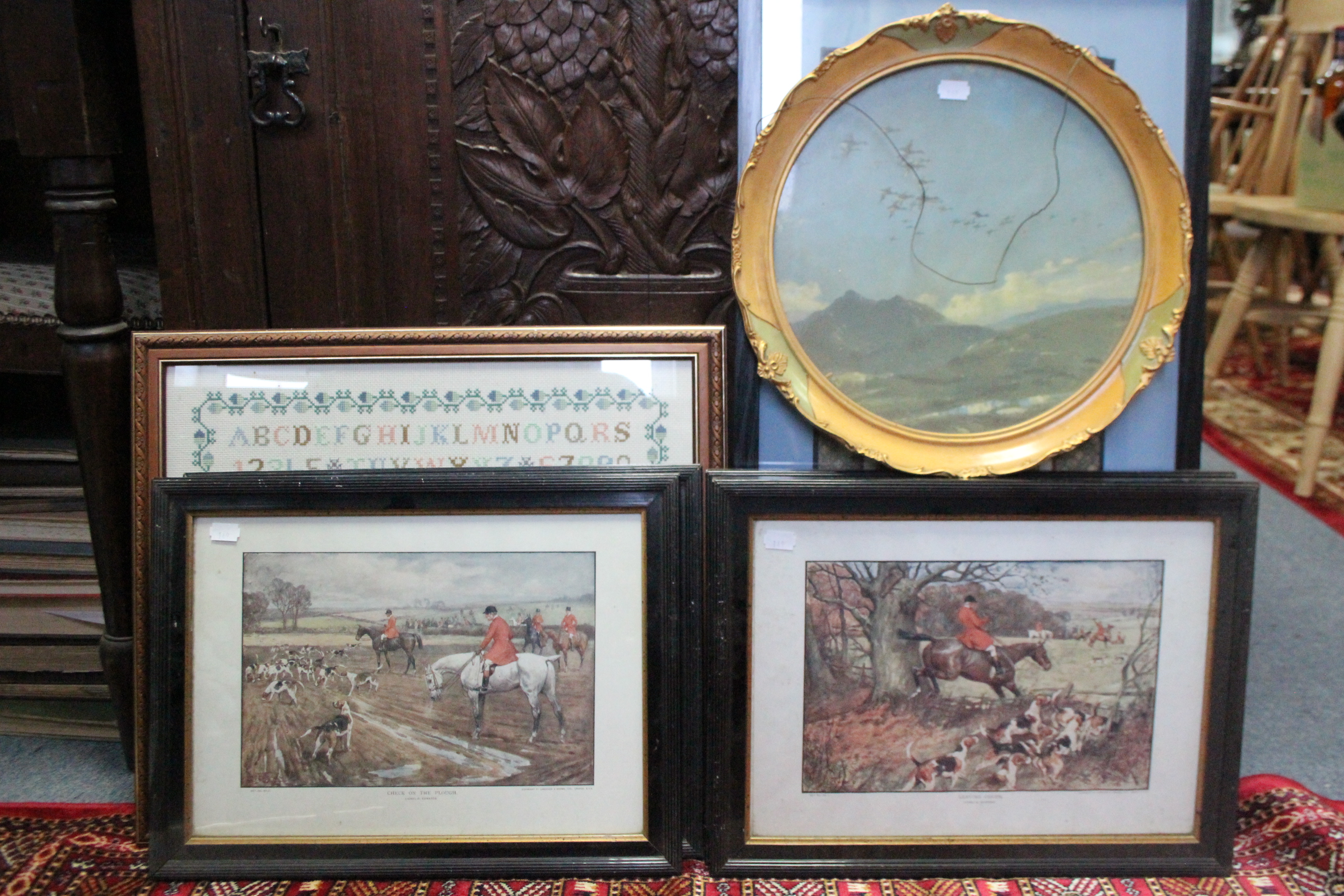 A Chinese silk embroidered panel, 23” x 9”; a modern sampler; a set of four coloured hunting prints; - Image 3 of 4